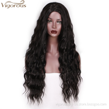 Vigorous Deep Curly Wavy Free Parting Wigs High Temperature Synthetic Hair Wig for Black Women 1B Natural Black Color